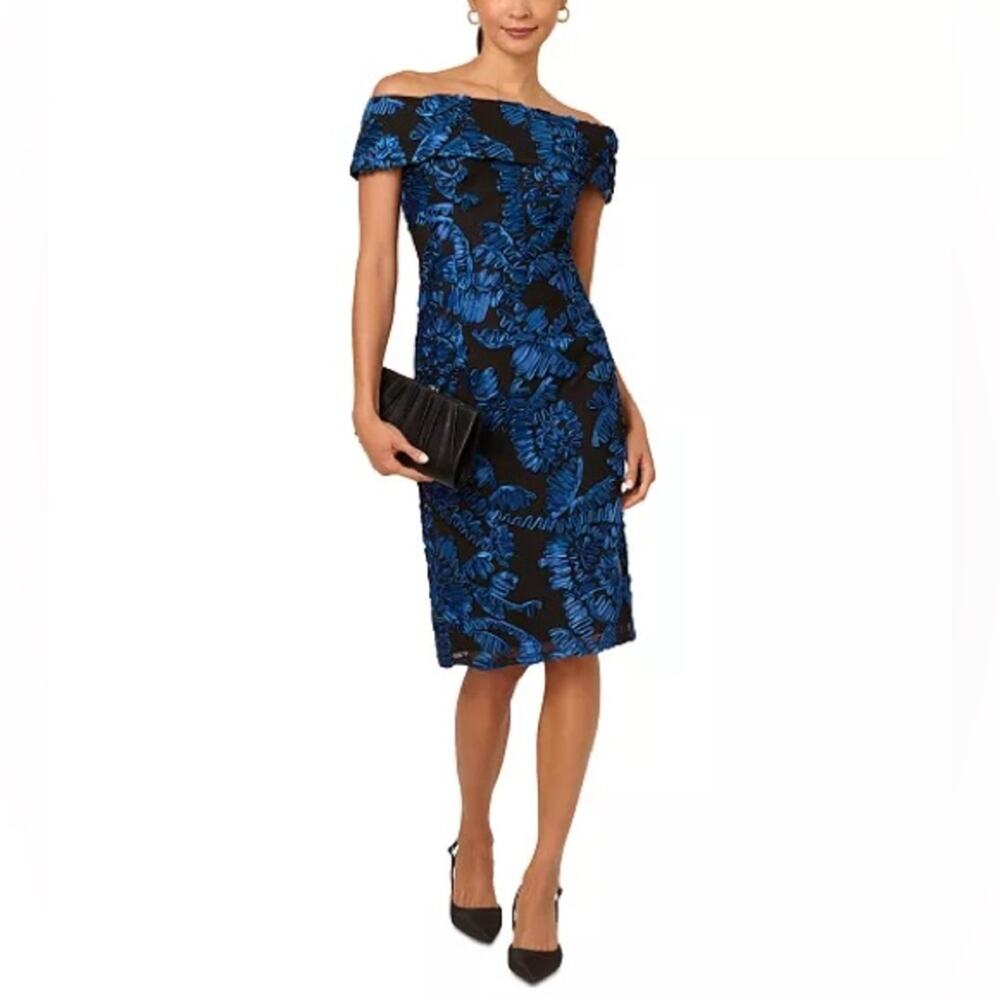 Adrianna Papell Women's Soutache Off-The-Shoulder Sheath Dress Navy Black Sz 2